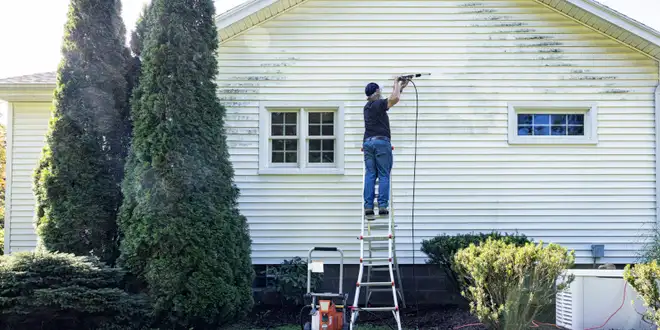 Home siding with visible algae and grime before cleaning